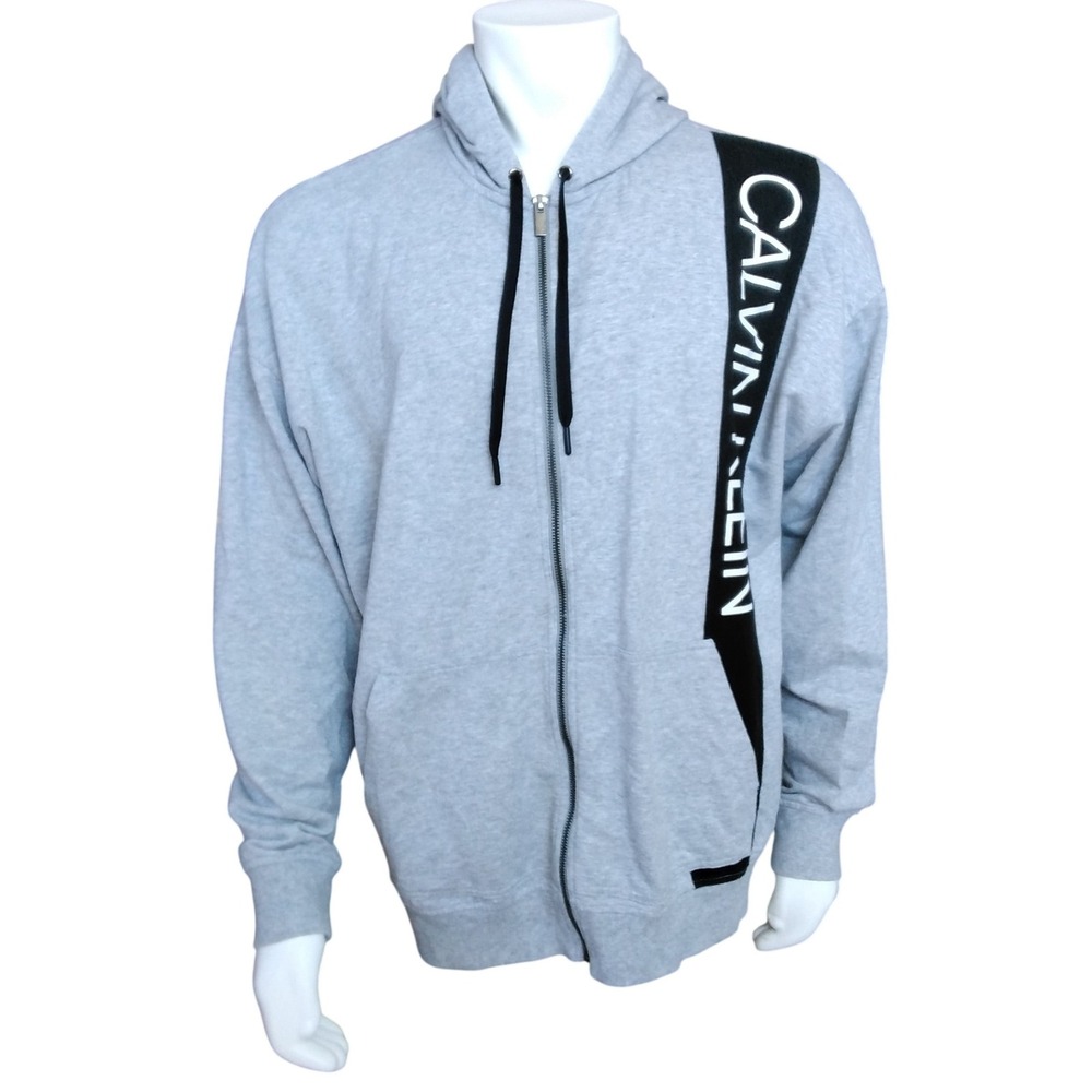 Calvin Klein Mens Heather Grey Vertical Logo Full Zip Hoodie Sweatshirt Large